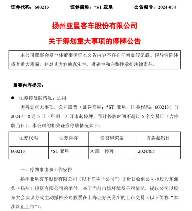 今年A股首支主动退市股或将出炉ST亚星公告停牌(图1)
